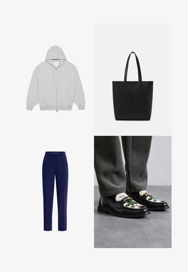 YOURTURN OVERSIZE BASIC ZIP HOODIE UNISEX - Sweater met rits - mottled-grey; Marineblauwe broeken van een gladde stof met een getailleerde pasvorm, voorplooien en een middelhoge tailleband.; Zwarte lederen instappers met een decoratieve groene en witte textielen bovenkant. Voorzien van een gouden kettingaccent en een gestructureerde zwarte zool.; Zwarte tote bag van getextureerd materiaal, met twee lange handvatten en een eenvoudig, minimalistisch ontwerp zonder zichtbare hardware.