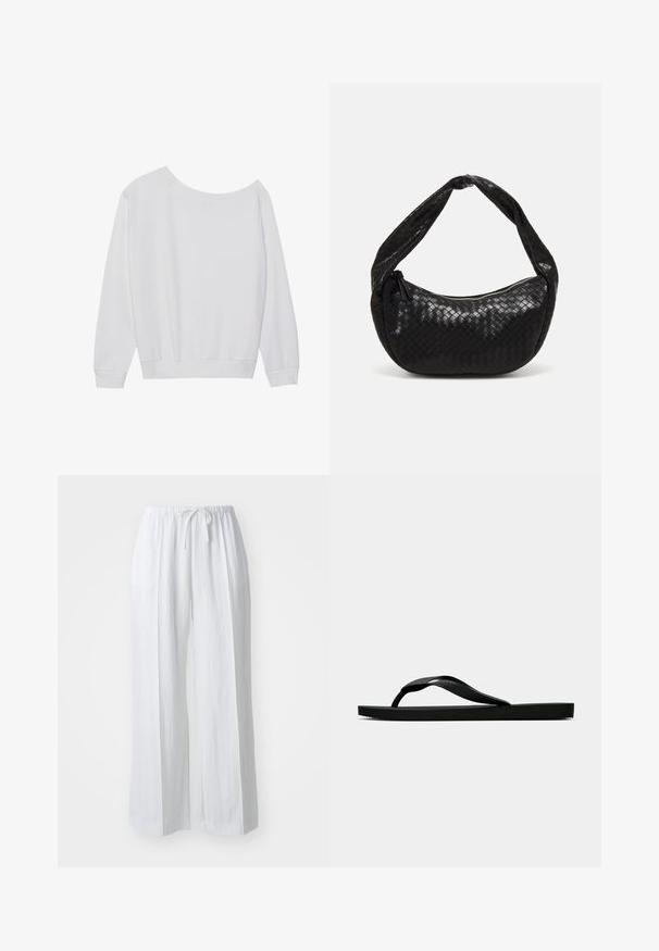 Balts garās piedurknes šķīvis ar brīvu, bezplecu izgriezumu, ribotām aprocēm un savelktu apakšmalu, izgatavots no mīksta auduma.; Baltā krāsā, platajām kājām bikses ar aukliņu jostasvietā. Izgatavotas no viegla auduma, ar gludu tekstūru un minimālistisku dizainu.; Melna gumijas flip-flop sandaļa ar teksturētu nolaists jostu un vienkāršu plakanā zole, attēlota no sāniem uz vienkārša gaiša fona.; Melnā austā ādas rokassoma ar izliekta formu, ar biezām siksnām un rāvējslēdzēja aizdari. Tekstūra ar spīdīgu apdari.
