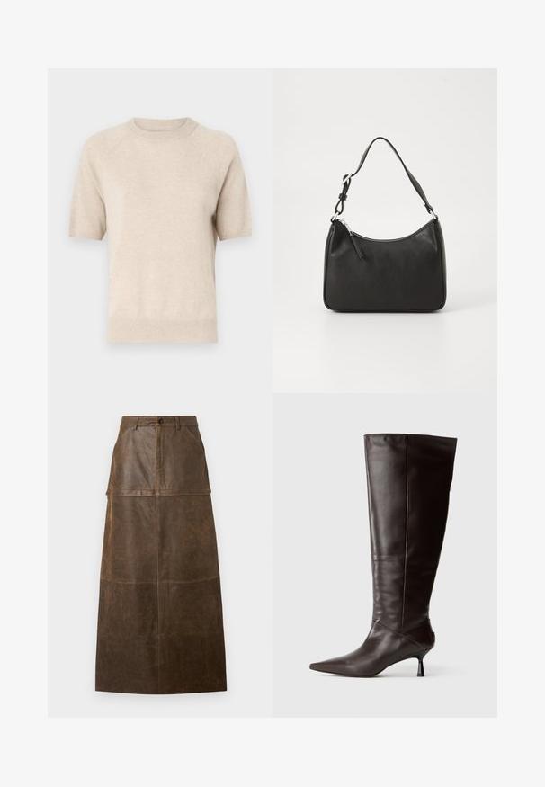 Bež pulover s kratkimi rokavi in okroglim izrezom, izdelan iz mehkega, teksturiranega materiala. Z ribastimi manšeti in robom ter sproščenim krojem.; Rjava usnjena midi krila z visokim pasom, sprednjimi žepi in gladko teksturo z vidnimi šivi.; Rjavi usnjeni škornji do kolen s koničastim nosom in ozkim peto. Gladka tekstura in eleganten dizajn, ki ima minimalistično silhueto.; Črna usnjena torba za roke s ukrivljenim oblikom, enim trakom, zadrgo in diskretnim blagovnim znamkom na sprednjem delu. Gladka tekstura, minimalističen dizajn.