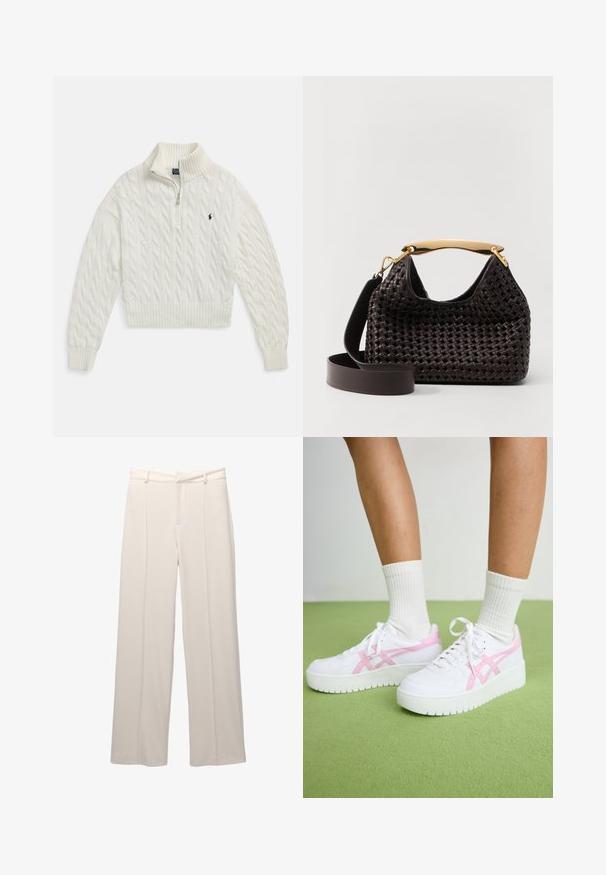 Biely sveter s polovičným zipsom a vzorom káblového pletenia, s rebrovaným golierom, manžetami a lemom, s malým tmavým vyšívaným logom na ľavej strane hrude.; Svetlé béžové nohavice s širokými nohavicami a hladkým povrchom. Obsahujú priliehavý pás, predné skladanie a nemajú viditeľné vrecká.; Biele športové tenisky s ružovými akcentmi, texturovanými panelmi a hrubými gumovými podrážkami. Nosené s bielymi rebrovanými ponožkami na zelenom pozadí.; Elleme BOOMERANG WOVEN - Kabelka - brown