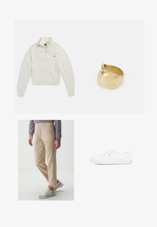 White cable-knit half-zip sweater with ribbed collar, cuffs, and hem, featuring a small embroidered dark logo on the left chest.; Beige tailored trousers with a smooth texture, featuring front pleats and a slim fit. Paired with white and beige sneakers.; White canvas sneaker with gold eyelets, flat laces, textured rubber sole, and minimal branding on the side. Low-profile design.; Gold-colored ring with a smooth, twisted design. Features a polished surface and rounded edges, creating a seamless, fluid shape.