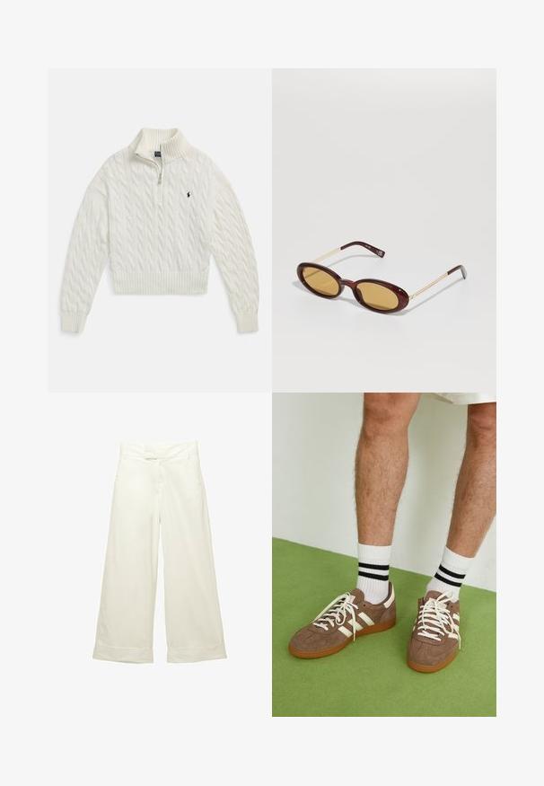 White cable-knit half-zip sweater with ribbed collar, cuffs, and hem, featuring a small embroidered dark logo on the left chest.; Wide-leg trousers in soft, cream fabric. Features a flat front waistband and rolled cuffs. Smooth texture with a clean, minimalist design.; Brown suede sneakers with white accents and laces. Rubber gum sole. Worn with white socks featuring black stripes. Green textured flooring.; Oval-frame sunglasses with a dark red tortoiseshell finish, yellow lenses, and thin gold-tone metal temples.; Elleme BOOMERANG WOVEN - Handbag - brown