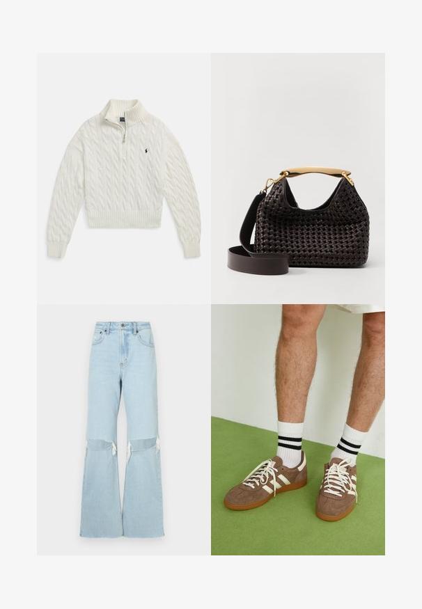 Valge soonikkoes poollukuga kampsun soonikkoes krae, mansettide ja äärega, vasakul rinnal väike tikitud tume logo.; Heledad sinise teksariidest laiad püksid, millel on põlvekärped, niristavad servad ja kõrge vöökoht. Omab ees nuppude ja tõmbluku sulgemist ning klassikalist viit taskut.; Prune nahkkingad valgete aktsentide ja paeltega. Kummikummist tallad. Kandu valgeid sokke mustade triipudega. Roheline tekstuuriga põrand.; Elleme BOOMERANG WOVEN - Käekott - brown