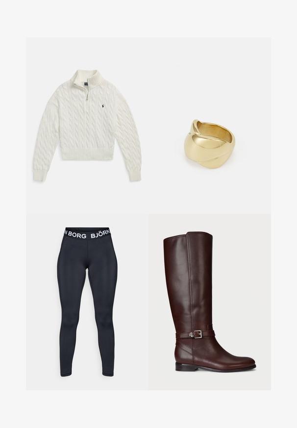 Camisola branca de malha com meio fecho e gola, punhos e bainha canelados, com um pequeno logotipo escuro bordado no lado esquerdo do peito.; Leggings atléticos pretos com um design ajustado, apresentando uma cintura elástica com marca branca e detalhes de costura tonais sutis.; Bota castanha de couro até ao joelho com textura suave, detalhe de fivela prateada e um salto baixo empilhado. Apresenta costuras discretas.; Anel dourado com um design liso e torcido. Apresenta uma superfície polida e bordas arredondadas, criando uma forma fluida e sem costura.