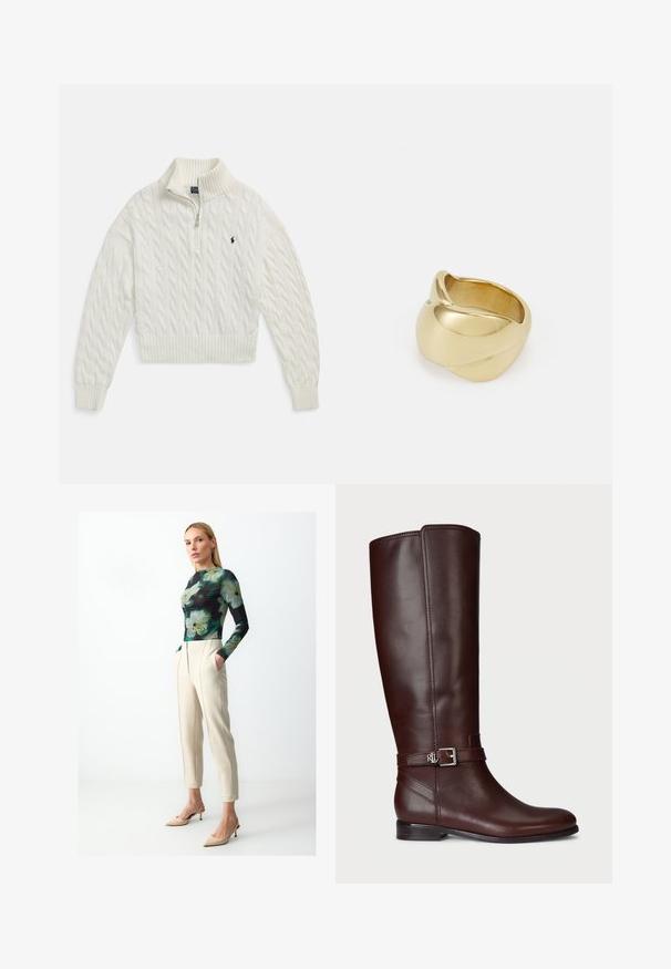 Weißer Strickpullover mit halbem Reißverschluss, geripptem Kragen, Bündchen und Saum, mit einem kleinen, gestickten dunklen Logo auf der linken Brust.; Langärmliges Oberteil mit einem floralen Muster in Grün und Schwarz, kombiniert mit cremefarbenen, schmal zulaufenden Hosen und nudefarbenen, stiletto-förmigen Absätzen.; Schwarze Lederstiefel bis zum Knie mit glatter Oberfläche, silberfarbener Schnallenakzent und niedrigem, gestapeltem Absatz. Besitzt dezente Steppnähte.; Goldfarbener Ring mit einem glatten, gedrehten Design. Er verfügt über eine polierte Oberfläche und abgerundete Kanten, die eine nahtlose, fließende Form erzeugen.