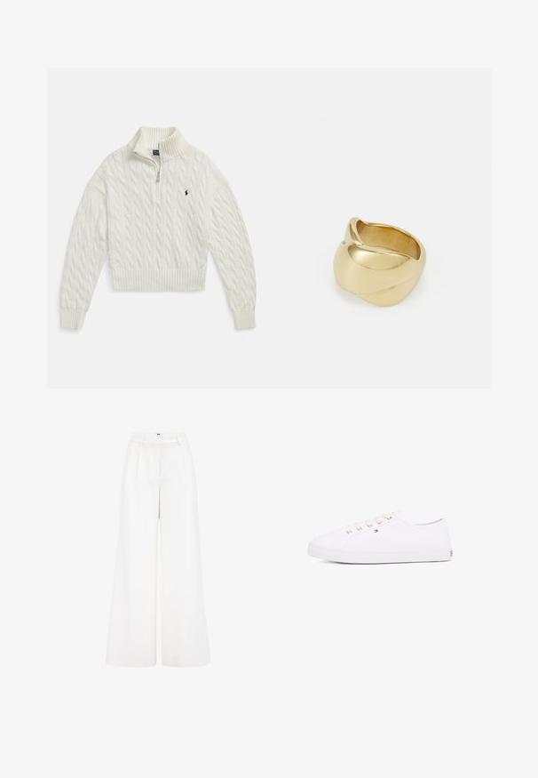 Pull blanc en maille torsadée avec demi-fermeture éclair, col, poignets et ourlet côtelés, arborant un petit logo sombre brodé sur la poitrine gauche.; Pantalons larges en tissu léger, de couleur blanche éclatante, avec une taille haute et un design plissé à l'avant pour un détail supplémentaire.; Sneakers en toile blanches avec œillets dorés, lacets plats, semelle en caoutchouc texturée et branding minimal sur le côté. Design bas.; Bague couleur or avec un design lisse et torsadé. Présente une surface brillante et des bords arrondis, créant une forme fluide et homogène.