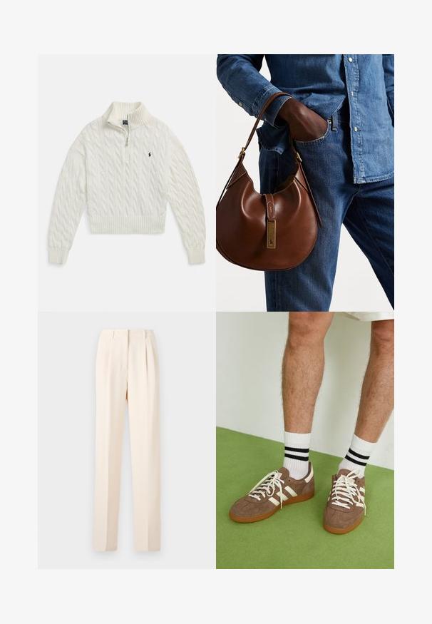 Valge soonikkoes poollukuga kampsun soonikkoes krae, mansettide ja äärega, vasakul rinnal väike tikitud tume logo.; Bežid kohandatud püksid voldikute ja sirge lõikega, sujuva tekstuuriga. Vöökoht on puhas, ilma nähtava kantimata.; Prune nahkkingad valgete aktsentide ja paeltega. Kummikummist tallad. Kandu valgeid sokke mustade triipudega. Roheline tekstuuriga põrand.; Pruun nahast hobo kott ümmarguse kujuga, millel on kuldne metallist detail ja kontrastne õmblus. Koos teksapitsi ja teksastega.