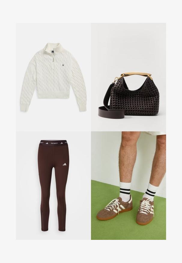 Weißer Strickpullover mit halbem Reißverschluss, geripptem Kragen, Bündchen und Saum, mit einem kleinen, gestickten dunklen Logo auf der linken Brust.; adidas Performance Leggings - Hosen - shadow brown; Braune Wildleder-Sneaker mit weißen Akzenten und Schnürsenkeln. Gummisohle in Kautschuk-Optik. Getragen mit weißen Socken, die schwarze Streifen haben. Grüner strukturierter Fußboden.; Elleme BOOMERANG WOVEN - Handtasche - brown