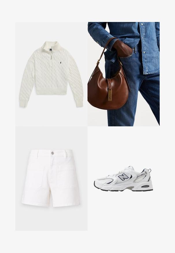 Biały sweter z półzamkiem w stylu warkocza, z prążkowanym kołnierzem, mankietami i dołem, z małym, ciemnym haftowanym logo na lewej piersi.; Białe dżinsowe szorty o prostym kroju, z dwoma tylnymi kieszeniami i metalowym zapięciem. Gładka tekstura i klasyczny design.; Białe sportowe buty z siateczkową cholewką, granatowymi akcentami i wyściełaną podeszwą. Posiadają logo "N", sznurówki oraz teksturowany detal po boku.; Brązowa skórzana torebka hobo w zaokrąglonym kształcie, z akcentami w złotym kolorze i kontrastowym przeszyciem. Połączona z dżinsową koszulą i spodniami dżinsowymi.