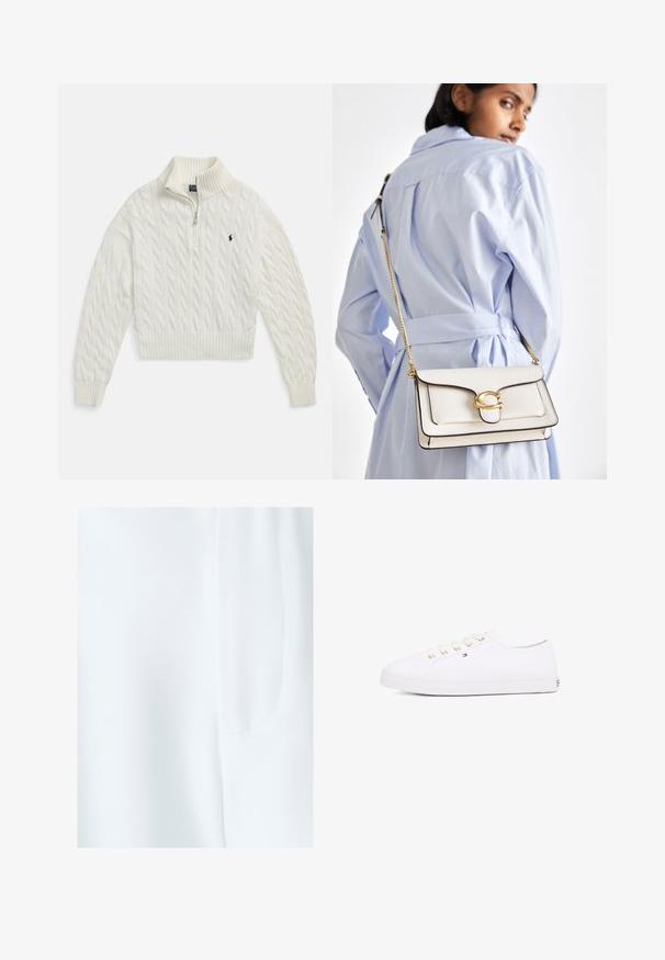 Pull blanc en maille torsadée avec demi-fermeture éclair, col, poignets et ourlet côtelés, arborant un petit logo sombre brodé sur la poitrine gauche.; BWLDR ADREW - Short - off white; Sneakers en toile blanches avec œillets dorés, lacets plats, semelle en caoutchouc texturée et branding minimal sur le côté. Design bas.; Sac en cuir blanc avec quincaillerie dorée, un rabat à l'avant et des bords noirs, doté d'une chaîne portée en bandoulière contre une chemise bleu clair.