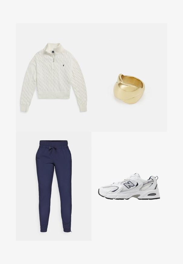 Balts pusgaras rāvējslēdzēja džemperis ar pinuma rakstu, rāvējslēdzēja apkakli, aprocēm un apakšu ar ribotu apdari, kreisajā krūtīs neliela tumša izšūta logo.; Tums zilas jogger bikses ar elastīgu jostasvietu un regulējamu auklu, ar sašaurinātiem kājiem un ribotām potīšu malām. Gluda auduma tekstūra.; Baltas sporta apavs ar sietveida augšpusi, jūras zilām akcentiem un mīkstu zoli. Iezīmē "N" logo, šņores un teksturētu detaļu sānos.; Zelta krāsas gredzens ar gludu, vērptu dizainu. Tam ir pulēta virsma un noapaļotas malas, veidojot nepārtrauktu, plūstošu formu.