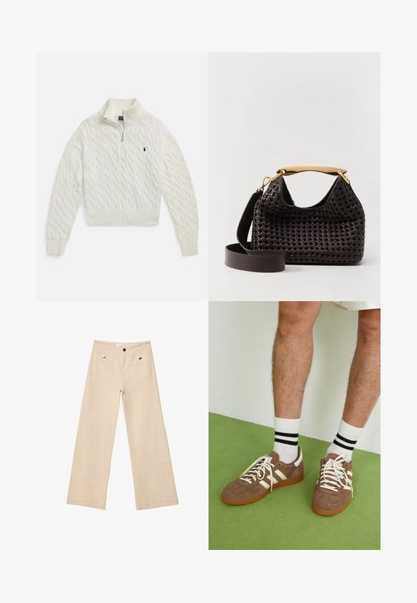 Maglione bianco a mezzipper in maglia a trecce con collo, polsini e orlo a coste, caratterizzato da un piccolo logo scuro ricamato sul petto a sinistra.; Pantaloni beige a gamba larga in cotone morbido, con due tasche anteriori in metallo argentato, taglio dritto e orli rifiniti con cura.; Sneaker in suede marrone con dettagli e lacci bianchi. Suola in gomma color gomma. Indossati con calzini bianchi con righe nere. Pavimento verde texturizzato.; Elleme BOOMERANG WOVEN - Borsa a mano - brown