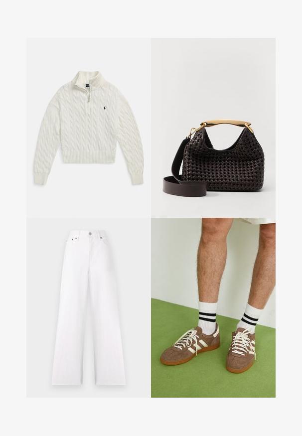 Pulover alb cu fermoar până la jumătate și model tricotat în stil cablu, cu guler, manșete și tiv nervurate, având un mic logo întunecat brodat pe pieptul stâng.; Jeans albi cu picioare largi, talie înaltă, design cu cinci buzunare, nasture argintiu și fermoar. Fabricat din denim cu un finisaj texturat.; Adidași maro din suede cu accente și șireturi albe. Talpă din cauciuc de culoare caramel. Purtați cu șosete albe cu dungi negre. Pardoseală verde texturată.; Elleme BOOMERANG WOVEN - Geantă de mână - brown