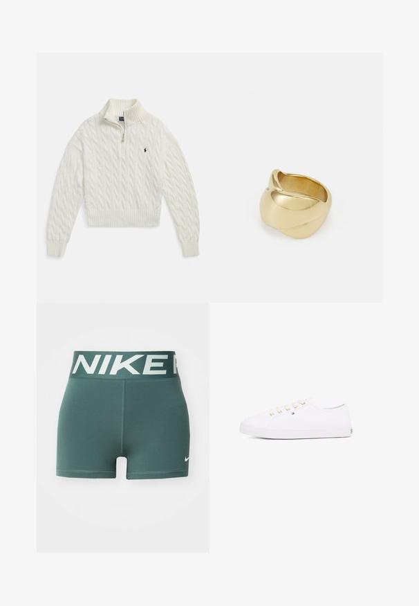 White cable-knit half-zip sweater with ribbed collar, cuffs, and hem, featuring a small embroidered dark logo on the left chest.; Green athletic shorts with a wide elastic waistband featuring "NIKE" in light color, and a small white logo on the bottom right leg.; White canvas sneaker with gold eyelets, flat laces, textured rubber sole, and minimal branding on the side. Low-profile design.; Gold-colored ring with a smooth, twisted design. Features a polished surface and rounded edges, creating a seamless, fluid shape.