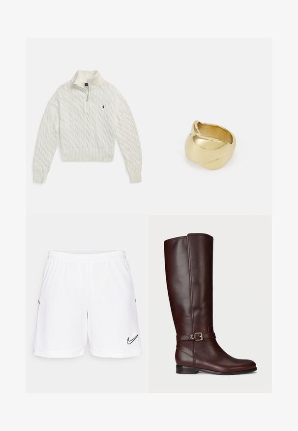Fehér kötött, félcipzáros pulóver bordázott gallérral, mandzsettával és szegéllyel, bal oldalon kis sötét hímzett logóval.; Fehér sportos rövidnadrág elasztikus derékkal, fekete Nike pipa logóval a bal alsó oldalon, finom texturált részletekkel.; Barna bőr térd fölé érő csizma sima textúrával, ezüst árnyalatú csattal és alacsony, réteges sarokkal. Finom varrási részletekkel rendelkezik.; Aranyszínű gyűrű sima, csavarodott mintával. Polírozott felülettel és lekerekített élekkel rendelkezik, ami zökkenőmentes, folyékony formát kölcsönöz neki.