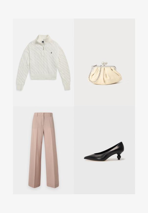 Pulover alb cu fermoar până la jumătate și model tricotat în stil cablu, cu guler, manșete și tiv nervurate, având un mic logo întunecat brodat pe pieptul stâng.; Pantaloni cu croi larg dintr-un material roz deschis, având un front plat, talie cu bucle pentru curea și o textură netedă.; Pantofii cu toc înalt din piele neagră, cu vârf ascuțit și toc rotund, mimos. Textură netedă, cu un design elegant și minimalist.; Clutch din piele plisată bej, cu un cadru din metal argintiu, având două închideri decorative rotunde și o curea din lanț argintiu.