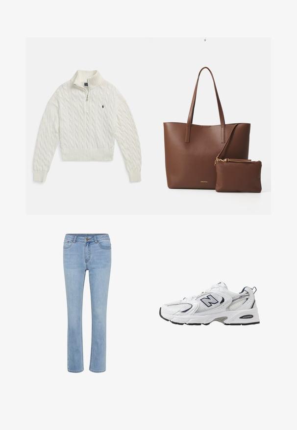 Bijeli džemper s kabelastim uzorkom i pola patentnog zatvarača, s rebrastim ovratnikom, manšetama i rubom, s malim tamnim vezanim logotipom na lijevoj strani prsa.; Svijetloplave traperice s ravnim krojem, zatvaranjem na gumbe i prednjim džepovima s kontrastnim šavovima. Glatka tekstura.; Bijela atletska cipela s mrežastim gornjim dijelom, mornarskim akcentima i podstavljenim potplatom. Sadrži "N" logo, vezice i teksturirani detalj sa strane.; Smeđa torba od umjetne kože s dva duga ručka i odgovarajućom malom torbicom. Površina ima teksturirani uzorak i zlatne metalne detalje.