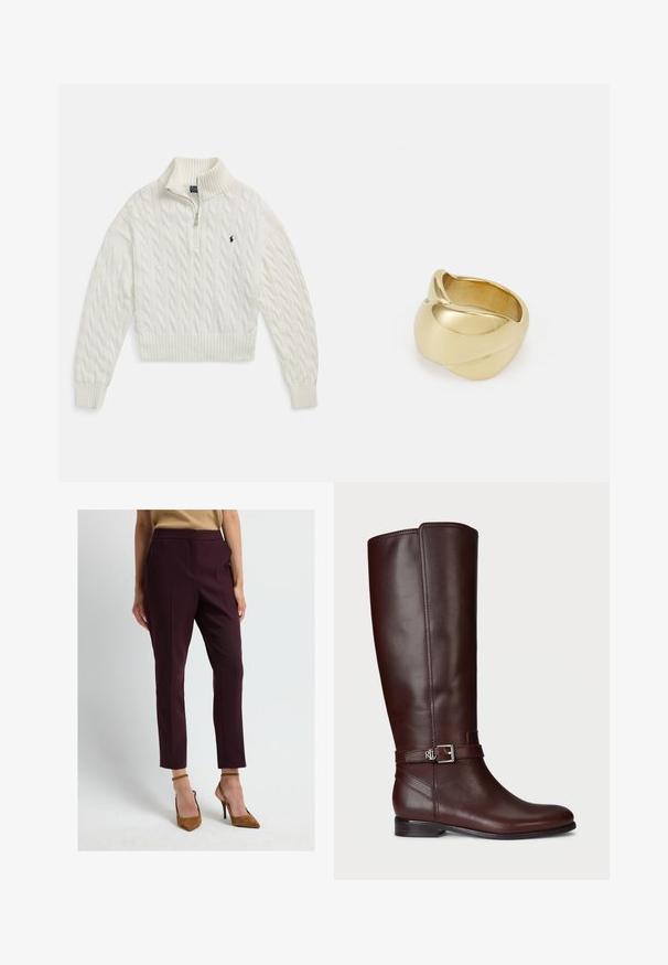 Valkoinen palmikkoneulepuolivetoketjuneule, jossa resorikaulus, hihansuut ja helma sekä pieni tummanvärinen kirjailtu logo vasemmalla rinnassa.; Burgundy-katuydud housut, joissa on laskostiedot, nilkkapituiset, korkea vyötärö, yhdistetty ruskeisiin korkokenkiin. Sujuva, rakenteellinen kangas.; Kahden korkeuden ruskea nahkasaapas, jossa on sileä pinta, hopeanvärinen solki ja matala pinottu korko. Varustettu hienovaraisilla ompelus yksityiskohdilla.; Kultainen sormus, jossa on sileä, kierretty muotoilu. Sormuksessa on kiiltävä pinta ja pyöristetyt reunat, mikä luo saumattoman, virtaviivaisen muodon.