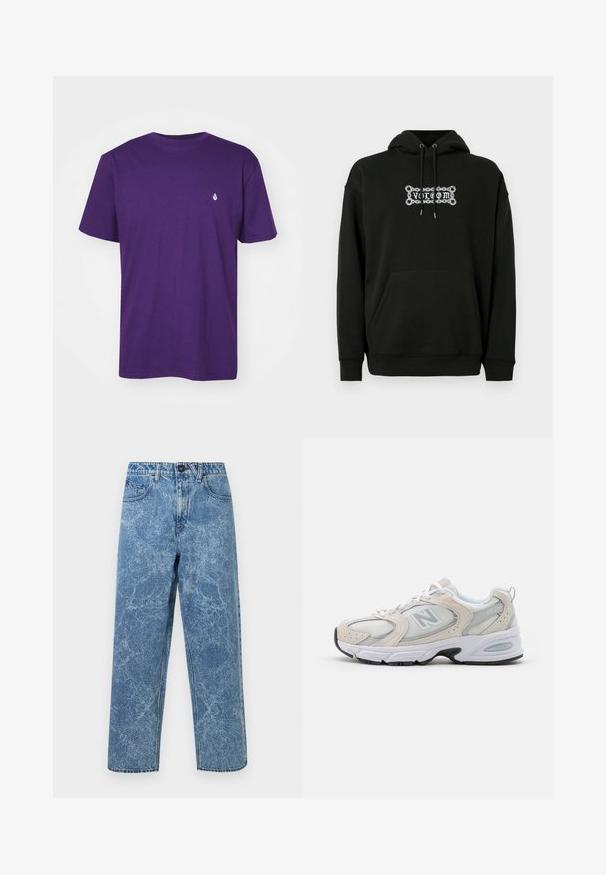 Schwarzer Kapuzenpullover mit Vordertasche, verstellbarem Kordelzug an der Kapuze und weißem Grafiktext-Design. Aus weichem, strukturiertem Stoff hergestellt.; Lila Baumwoll-T-Shirt, kurze Ärmel, Rundhalsausschnitt, mit einem kleinen weißen Logo auf der linken Brust. Glatte Textur und lockere Passform.; Blaue Acid-Wash-Jeans aus Denim mit geradem Bein, vorderem Knopf, Gürtelschlaufen und Fünf-Taschen-Design.; Sportlicher Schuh mit einem hellgrauen Mesh-Obermaterial und Wildlederakzenten, weißen Schnürsenkeln und einer schwarzen Gummisohle. Auffälliges ABZORB-Dämpfungselement.