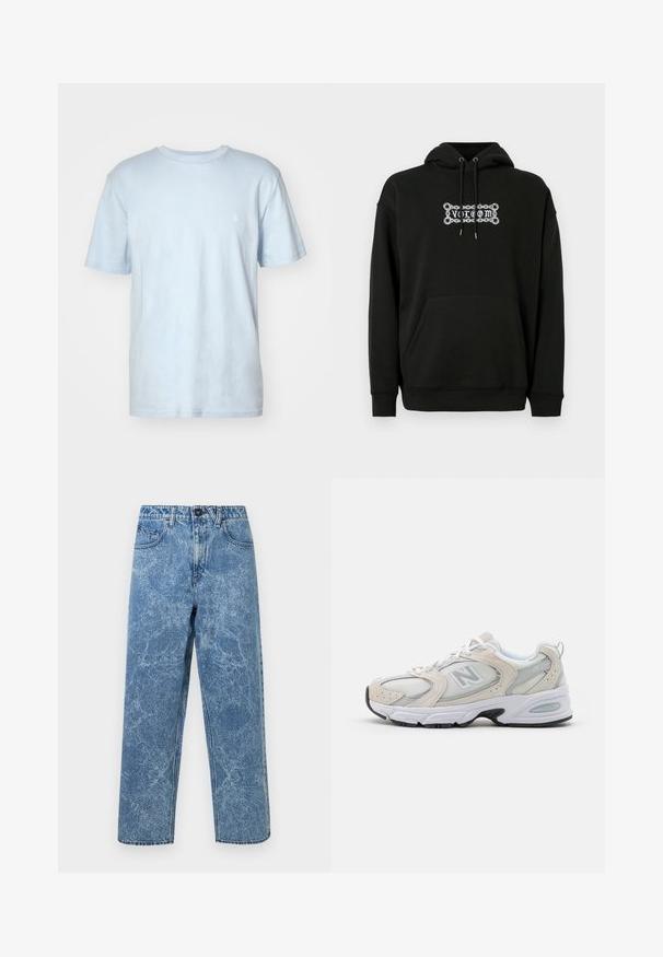 Juodas džemperis su priekinėmis kišenėmis, reguliuojamu kapisonu ir baltu grafiniu tekstu. Pagamintas iš minkštos, tekstūruotos medžiagos.; Šviesiai mėlynas medvilninis t-shirt su apvalia iškirpte, trumpomis rankovėmis ir mažuoju baltu logo išsiuvinėtu kairėje krūtinės pusėje.; Mėlynos rūgšties skalbimo džinsai su tiesiu kirpimu, priekyje užsegami mygtuku, su diržo kilpomis ir penkių kišenių stiliumi.; Sportiniai bateliai su šviesiai pilku tinkliniu viršumi, akcentais iš zomšos, baltais raiščiais ir juodu guminiu padu. Išskirtinė ABZORB amortizacijos detalė.