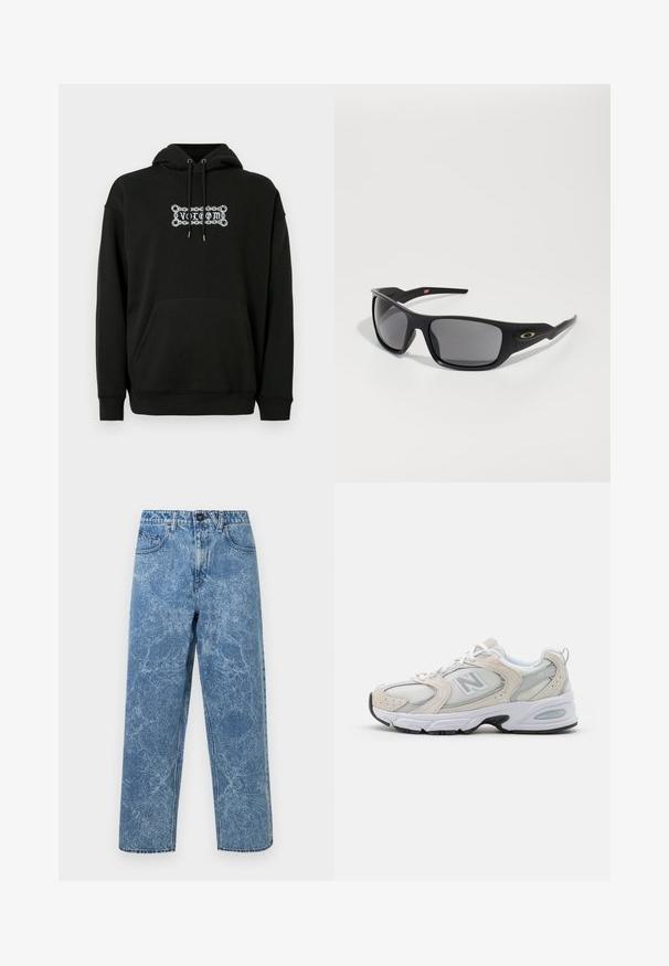 Hoodie noir avec une poche avant, capuche ajustable à cordon, et design graphique en texte blanc. Fabriqué en tissu doux et texturé.; Jeans en denim bleu délavé avec une coupe droite, fermeture à bouton à l'avant, passants de ceinture et style à cinq poches.; Chaussure de sport avec un dessus en mesh gris clair et des accents en daim, des lacets blancs et une semelle en caoutchouc noire. Détail d'amorti ABZORB remarquable.; Lunettes de soleil noires de forme rectangulaire, fabriquées en plastique durable, avec des verres teintés gris et un accent doré sur le côté.