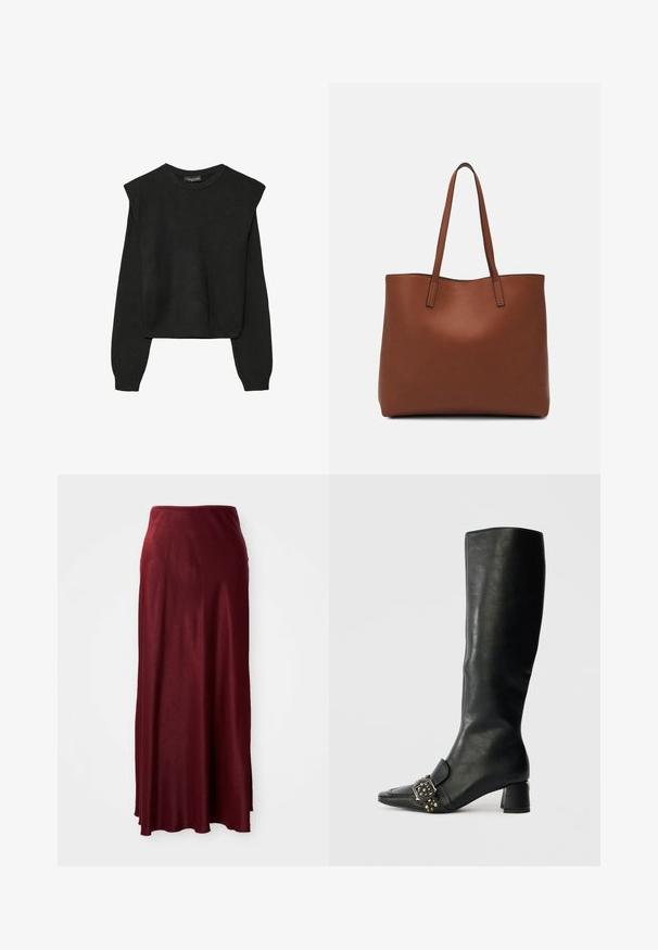 Crna pletena dugoslojna majica sa podloženim ramenima i rebrastim manžetama i rubom, prikazana na bijeloj pozadini.; Bordo, duga maksi suknja napravljena od glatkog, laganog materijala s blagim sjajem. Ima struk koji se dobro prilagođava i lepršavi dizajn.; Crne kožne čizme do koljena s šiljastim vrhom, kvadratnom kopčom i dekorativnim zakovicama; imaju nizak blok petu.; Smeđa kožna torba preko ramena s glatkom teksturom, otvorenim vrhom i dvjema naramenicama. Ima minimalne šavove i nema vidljivog hardvera.
