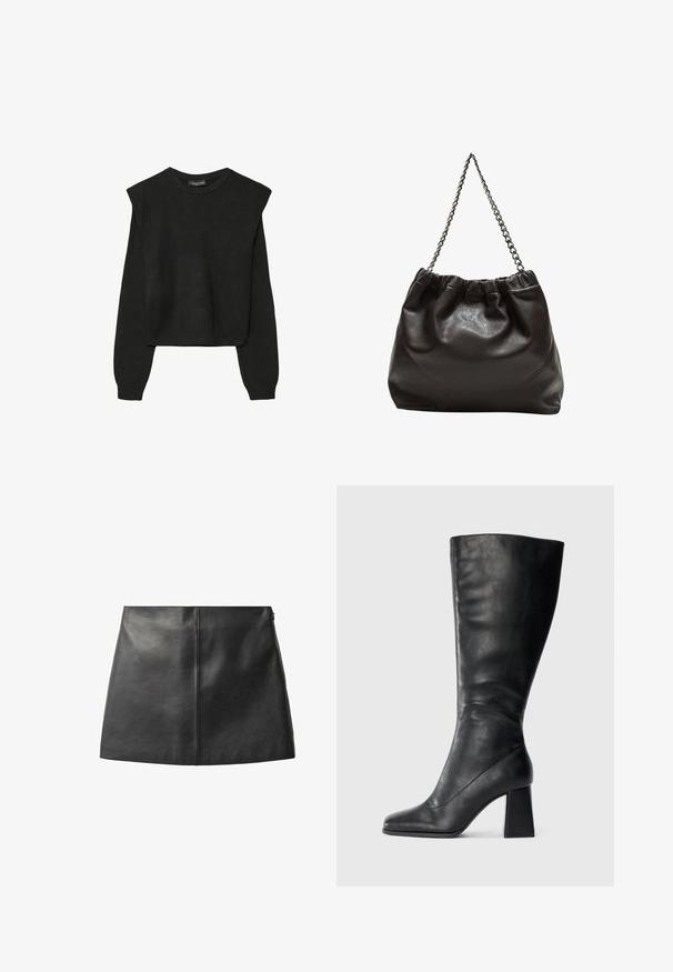 Crna pletena dugoslojna majica sa podloženim ramenima i rebrastim manžetama i rubom, prikazana na bijeloj pozadini.; Crna kožna suknja s glatkom teksturom, uskim dizajnom i minimalističkom siluetom. Ima središnji detalj šava i diskretni bočni patentni zatvarač.; Crna kožna čizma do koljena s oštrim vrhom i blok petom na jednostavnom svijetlom pozadini.; Smeđa kožna torba s naboranim vrhom i lančićem za nošenje. Glatka tekstura s sjajnim završetkom i suptilnim šavnim detaljima sa strane.