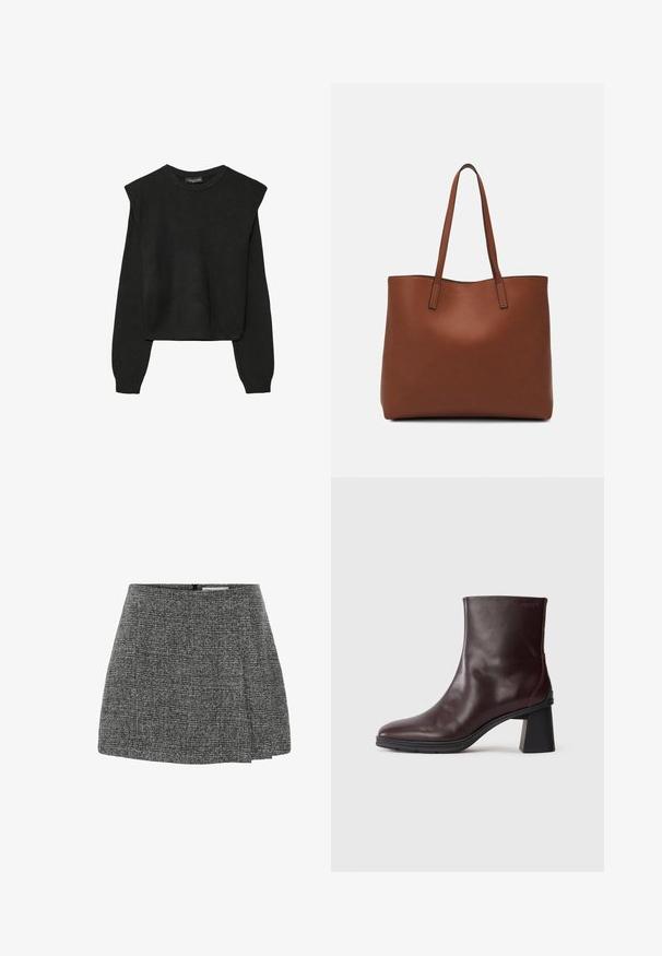 Schwarzer, langärmeliger, gestrickter Pullover mit gepolsterten Schultern sowie gerippten Bündchen und Saum, dargestellt vor einem weißen Hintergrund.; Grauer, plissierter Rock aus strukturiertem Stoff mit einem dezenten Muster. Verfügt über einen Reißverschluss auf der Rückseite und ein tailliertes Design.; Dunkelbraune Lederstiefelette mit Blockabsatz und runder Zehenpartie, präsentiert auf einem schlichten hellgrauen Hintergrund.; Braune Leder-Tote mit glatter Textur, offenem Oberteil und zwei Schulterriemen. Verfügt über minimale Nähte und keine sichtbaren Beschläge.