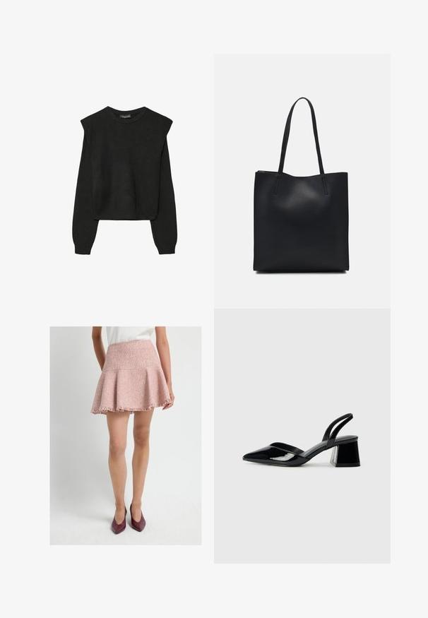 Schwarzer, langärmeliger, gestrickter Pullover mit gepolsterten Schultern sowie gerippten Bündchen und Saum, dargestellt vor einem weißen Hintergrund.; Hellrosa, strukturierter, ausgestellter Rock mit einem fransigen Saum. Hergestellt aus gewebtem Stoff, verfügt über einen hohen Taillenbund. Stylisch kombiniert mit burgunderfarbenen Heels.; Schwarze Lackleder-Slingback-High Heels mit spitzem Schuh und einem geometrischen Blockabsatz. Verfügt über ein schlankes, minimalistisches Design und eine glatte Textur.; Schwarze Laptoptasche aus Leder mit glatter Textur, rechteckiger Form und zwei langen Griffen. Keine sichtbaren Beschläge oder Verzierungen.