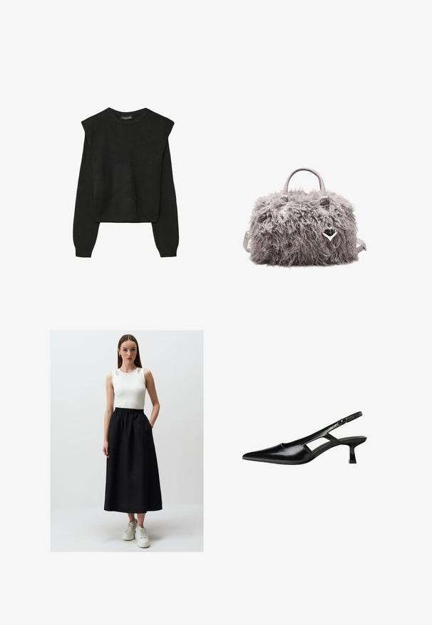 Maglione nero a maniche lunghe in maglia con spalle imbottite e polsini e orlo a coste, mostrato su uno sfondo bianco.; Top bianco senza maniche con spacchi sulle spalle, abbinato a una gonna nera lunga fino alla caviglia con vita elastica e tasche laterali, indossato con scarpe da ginnastica bianche.; Tacchi slingback in pelle verniciata nera con punta affusolata, design con tagli laterali e tacco quadrato piccolo. Texture liscia con dettagli minimi.; Borsa pelosa grigia con un'esterno strutturato. Presenta doppi manici, una tracolla removibile e un ciondolo a forma di cuore.