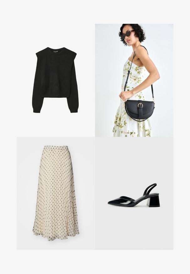 Schwarzer, langärmeliger, gestrickter Pullover mit gepolsterten Schultern sowie gerippten Bündchen und Saum, dargestellt vor einem weißen Hintergrund.; Faltentiefe Maxirock aus cremefarbenem Stoff mit gleichmäßig verteilten dunklen Polka-Punkten. Elastischer Bund für Komfort und einen fließenden Saum.; Schwarze Lackleder-Slingback-High Heels mit spitzem Schuh und einem geometrischen Blockabsatz. Verfügt über ein schlankes, minimalistisches Design und eine glatte Textur.; Schwarze Lederhandtasche mit geschwungener Form, abnehmbarem Tragegurt und goldenen Beschlägen. Die Tasche verfügt über einen Deckel mit einer Schnallen-Details.