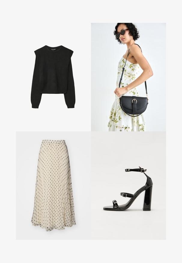 Schwarzer, langärmeliger, gestrickter Pullover mit gepolsterten Schultern sowie gerippten Bündchen und Saum, dargestellt vor einem weißen Hintergrund.; Faltentiefe Maxirock aus cremefarbenem Stoff mit gleichmäßig verteilten dunklen Polka-Punkten. Elastischer Bund für Komfort und einen fließenden Saum.; Schwarze patentierte Sandalen mit Absatz, quadratischer Spitze, Knöchelriemen und silbernen Schnallen. Mit einem stabilen Blockabsatz für mehr Stabilität.; Schwarze Lederhandtasche mit geschwungener Form, abnehmbarem Tragegurt und goldenen Beschlägen. Die Tasche verfügt über einen Deckel mit einer Schnallen-Details.