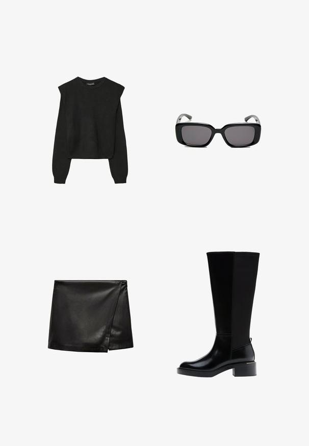 Čierny pletený sveter s dlhými rukávmi, vycpanými ramenami a rebrovanými nápletmi a spodným okrajom, zobrazený na bielom pozadí.; Čierna kožená mini sukňa s prekrývacím dizajnom, s hladkou textúrou a minimalistickým štýlom. Bez viditeľného hardvéru alebo vzorov.; Čierna čižma po kolená s hladkým koženým povrchom, výrazným šitím, masívnym podpätkom a textúrovaným zadným panelom pre väčší záujem.; Čierne obdĺžnikové slnečné okuliare s tmavými sklami, hladkým plastovým rámom a zakrivenými stranami. Dizajn je robustný s minimalistickou estetikou.