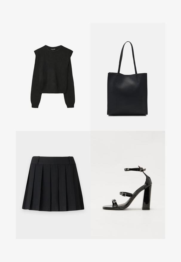 Crna pletena dugoslojna majica sa podloženim ramenima i rebrastim manžetama i rubom, prikazana na bijeloj pozadini.; Crna plisirana suknja s krojenim pojasom, izrađena od lagane tkanine. Ima ravnomjerno raspoređene nabore i jednostavan, čist dizajn.; Crne lakirane sandale na visoku petu s dva remena s kopčama, kvadratnim vrhom i masivnom blok petom, s glatkom, sjajnom teksturom.; Crna kožna torba za nošenje s glatkom teksturom, pravokutnim oblikom i dvije duge ručke. Nema vidljivih metalnih dijelova ili ukrasa.