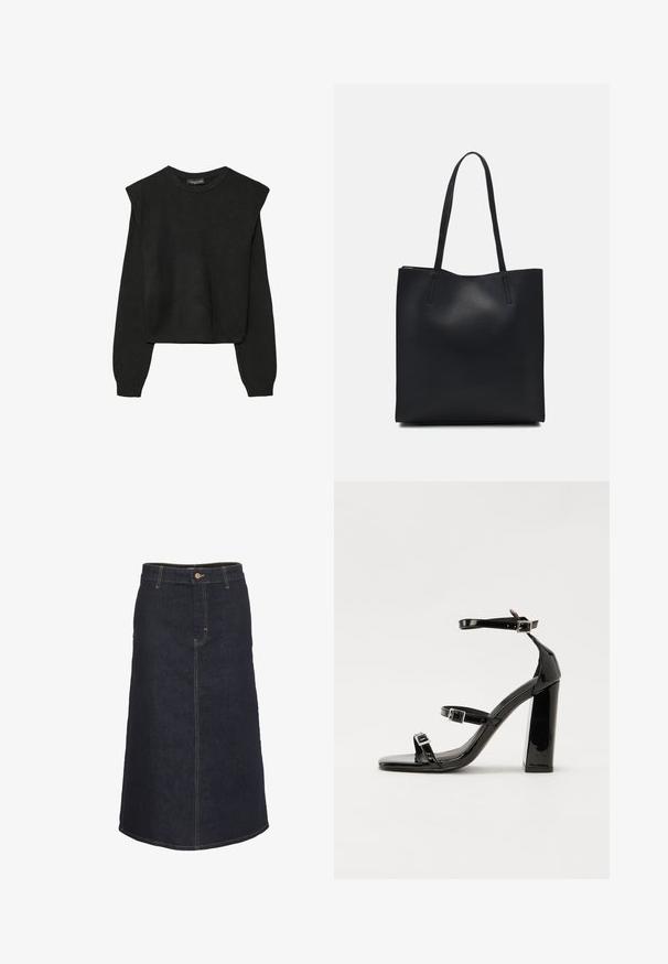 Czarny, długi sweter z dzianiny z poduszkami na ramionach oraz prążkowanymi mankietami i dołem, pokazany na białym tle.; Ciemnoniebieska spódnica midi o prostym kroju, z przodem zapinanym na guziki i kontrastującym żółtym przeszyciem.; Czarne lakierowane sandały na wysokim obcasie, z dwoma paskami zapinanymi na klamry, kwadratowy nosek i masywny obcas typu słupek, o gładkiej, błyszczącej fakturze.; Czarna skórzana torba tote o gładkiej fakturze, prostokątnym kształcie i dwóch długich uchwytach. Brak widocznych elementów metalowych i ozdób.