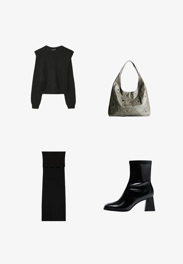 Črn dolgi pulover iz pletenine z oblazinjenimi rameni ter rebrastimi manšetami in robom, prikazan na beli podlagi.; Črna obleka do tal s prilegajočim zgornjim delom in elegantnim, minimalističnim dizajnom. Narejena iz gladkega blaga, z enotno barvo brez vzorcev.; Črne gležnjarje iz gladkega usnja. Imajo blokasta peta s strukturiranim, rebrastim vzorcem in eleganten, zožen dizajn noska.; Olivnozeleni usnjeni ročni torbici z ohlapno obliko, ki ima različne velikosti okroglih izrezov in poudarke v temnejših in svetlejših odtenkih.