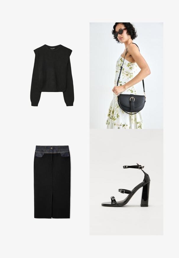 Zwart gebreid trui met lange mouwen, voorzien van gewatteerde schouders en geribbelde manchetten en onderrand, weergegeven tegen een witte achtergrond.; Zwarte denim rok met een donkerblauwe denim tailleband, gouden stiksels en een voorkant met een split. Voorzien van zijzakken voor gemak.; Zwarte gepatenteerde sandalen met hak en een vierkante neus, enkelbandjes en zilveren gespen. Heeft een stevige blokhak voor stabiliteit.; Zwarte leren handtas met een gebogen vorm, afneembare schouderband en gouden hardware. De tas heeft een klep met een gespsluiting.