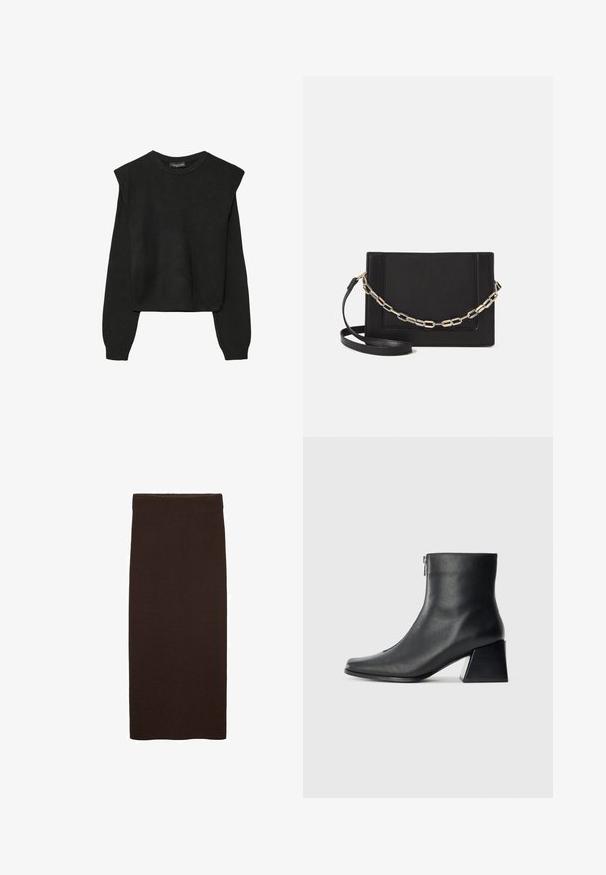 Crna pletena dugoslojna majica sa podloženim ramenima i rebrastim manžetama i rubom, prikazana na bijeloj pozadini.; Smeđa pletena midi suknja s tijelu prianjajućim krojem, glatkom teksturom, bez vidljivih uzoraka te jednostavnim, čistim dizajnom bez ukrasa.; Crne kožne gležnjače sa četvrtastim vrhom, bočnim patentnim zatvaračem i blok petom na jednostavnoj svijetloj pozadini.; Crna kožna torba preko tijela s glatkom teksturom, pravokutnim oblikom i metalnim lancem na prednjoj strani. Uključena je podesiva naramenica.