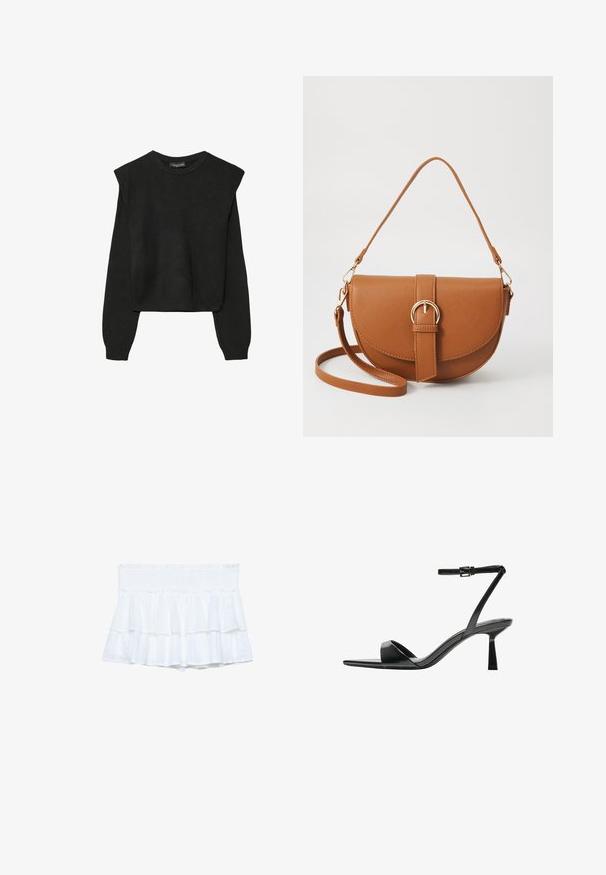 Sort striktrøje med lange ærmer, polstrede skuldre og ribkantede manchetter og kant, vist mod en hvid baggrund.; Hvide rynkede shorts med en smocket talje, der har lag af stof og subtile teksturdetaljer. Let og afslappet design.; Bershka Højhælede sandaletter / Højhælede sandaler - black; Brun læder crossbody taske med en buet form, guldfarvet hardware og en spændeaccent. Har en aftagelig skulderrem.