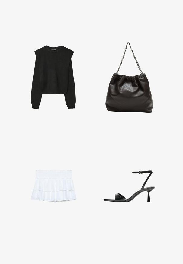 Črn dolgi pulover iz pletenine z oblazinjenimi rameni ter rebrastimi manšetami in robom, prikazan na beli podlagi.; Bele ruffled hlače s smockanim pasom, ki imajo plasteh tkanine in subtilne teksturirane podrobnosti. Lahka in sproščena zasnova.; Bershka Sandali z visoko peto - black; Rjava usnjena torba z nabranim vrhom in verižnim trakom. Gladka tekstura z sijajno površino in subtilnimi šivi na straneh.