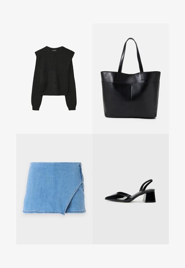 Crna pletena dugoslojna majica sa podloženim ramenima i rebrastim manžetama i rubom, prikazana na bijeloj pozadini.; Denim mini suknja u svijetloplavoj boji, s dizajnom zamotavanja, razderanim rubom i glatkom teksturom. Nema dodatnih ukrasa ili uzoraka.; Crne lakirane kožne sandale s otvorenom petom i špicastim vrhom, s geometrijskom blok petom. Imaju elegantan, minimalistički dizajn i glatku teksturu.; Crna kožna torba s dugim ručkama, glatkom teksturom i strukturiranim oblikom. Ima prednju džep za dodatno pohranu.