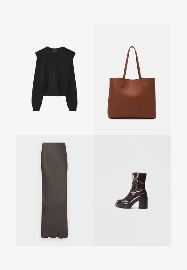 Czarny, długi sweter z dzianiny z poduszkami na ramionach oraz prążkowanymi mankietami i dołem, pokazany na białym tle.; Brązowa satynowa spódnica do ziemi o dopasowanym kroju i gładkiej fakturze. Posiada subtelny połysk i brak widocznych wzorów lub ozdób.; Błyszczące bordowe botki za kostkę z masywną czarną obcasem, charakteryzujące się gładką teksturą i prostym wzornictwem. Brak widocznych zapięć lub wzorów.; Brązowa skórzana torba tote o gładkiej fakturze, z otwartym wierzchem i dwoma ramiączkami. Charakteryzuje się minimalnym przeszyciem i brakiem widocznych elementów metalowych.