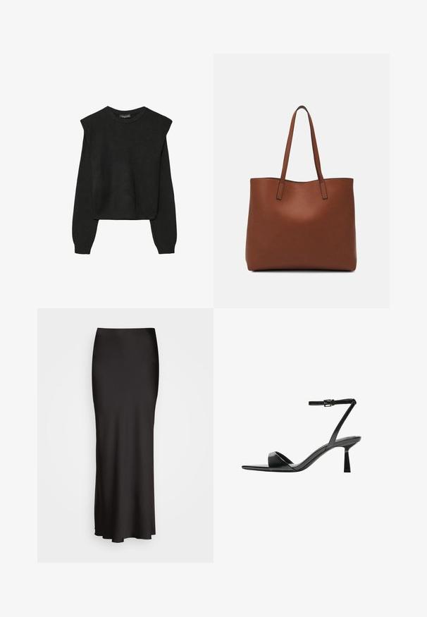 Crna pletena dugoslojna majica sa podloženim ramenima i rebrastim manžetama i rubom, prikazana na bijeloj pozadini.; Crna satenska suknja do poda s glatkom teksturom, strukom koja se dobro prilagođava, i A-linijom, bez vidljivih ukrasa ili uzoraka.; Bershka Sandale s visokom petom - black; Smeđa kožna torba preko ramena s glatkom teksturom, otvorenim vrhom i dvjema naramenicama. Ima minimalne šavove i nema vidljivog hardvera.