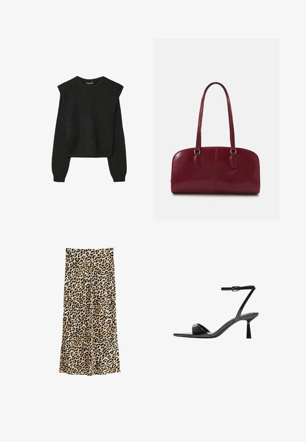 Czarny, długi sweter z dzianiny z poduszkami na ramionach oraz prążkowanymi mankietami i dołem, pokazany na białym tle.; Spodnie szerokie w wzór panterki, uszyte z miękkiego materiału, z różnorodnymi czarnymi plamami na beżowym tle, tworzącymi odważny design.; Bershka - Sandały na obcasie; Zign MURREN ciemnoczerwony