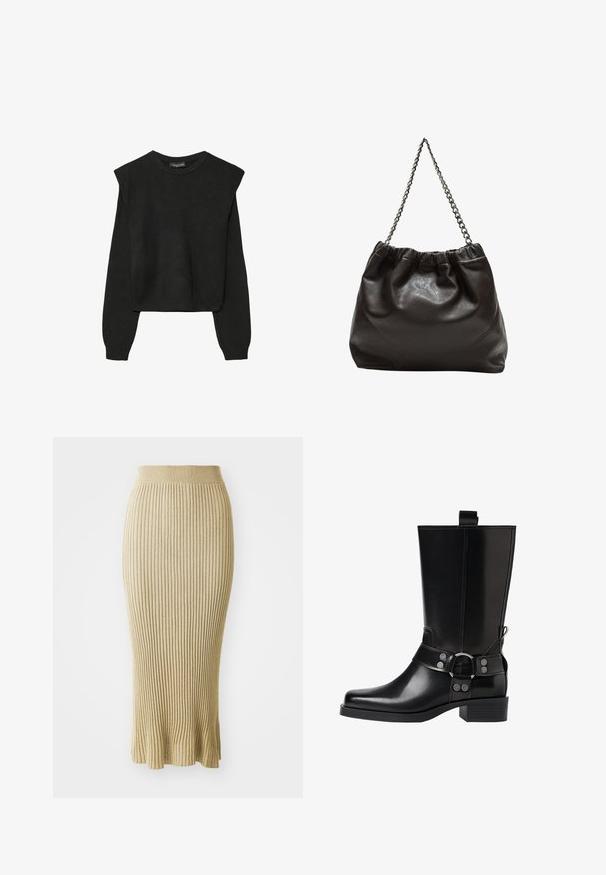 Crna pletena dugoslojna majica sa podloženim ramenima i rebrastim manžetama i rubom, prikazana na bijeloj pozadini.; Pleteni suknja u svijetlosmeđoj boji, s vertikalnim rebrima, uskim strukom i raširenim rubom s suptilnim završecima na dnu.; Crne kožne čizmice do koljena s šiljastim prstima, sličnim srebrnim kopčama i debelim potplatima. Imaju rupicu za lakše oblačenje.; Smeđa kožna torba s naboranim vrhom i lančićem za nošenje. Glatka tekstura s sjajnim završetkom i suptilnim šavnim detaljima sa strane.