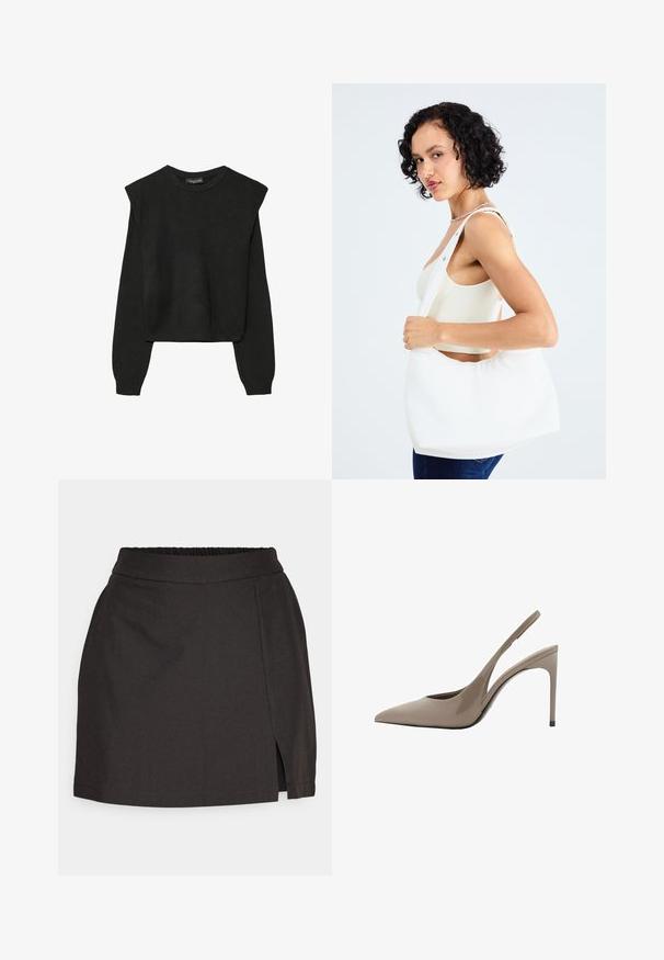 Črn dolgi pulover iz pletenine z oblazinjenimi rameni ter rebrastimi manšetami in robom, prikazan na beli podlagi.; Črna krila iz gladkega materiala, z elastičnim pasom, ravnim krojem in stranskim razporkom za lažje gibe.; Bež patentirana usnjena slingback visokih pet, s koničastim nosom in eleganto zasnovo, ki vključuje tanke visoke pete in izrez na strani.; Bela torba za ramena, izdelana iz gladkega materiala, z ovalnim izrezom in širokim trakom. Preprosta in sodobna, brez vidnih kovinskih delov.