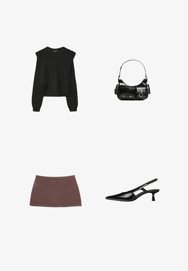 Crna pletena dugoslojna majica sa podloženim ramenima i rebrastim manžetama i rubom, prikazana na bijeloj pozadini.; Smeđa pamučna mini suknja ravnog kroja, glatke teksture i elastičnog struka. Ima jednostavan dizajn bez uzoraka ili metalnih elemenata.; Crne lakirane natikače na remenčić sa špicastim nosom, dizajnom sa izrezima sa strane i malim kvadratnim potplatom. Glatka tekstura s minimalnim akcentima.; Crna patentna kožna torba s zakrivljenim oblikom, jednim remenom za rame, prednjim džepovima i akcentima od srebrnog tona.