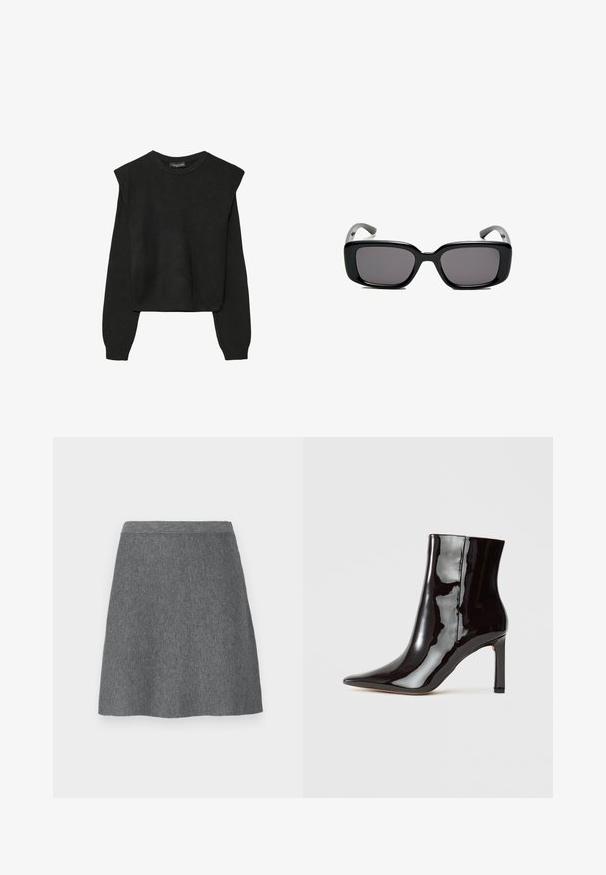 Pull en tricot noir à manches longues avec épaules rembourrées et poignets et ourlet côtelés, présenté sur un fond blanc.; Jupe en laine grise avec une taille ajustée, forme évasée et texture lisse. Pas de poches ni de détails métalliques visibles.; Bottine en cuir verni noir avec un bout pointu et une silhouette élancée. Elle présente un talon aiguille et une texture lisse.; Lunettes de soleil noires rectangulaires avec des verres foncés, monture en plastique lisse et branches courbées. Le design est épais avec une esthétique minimaliste.