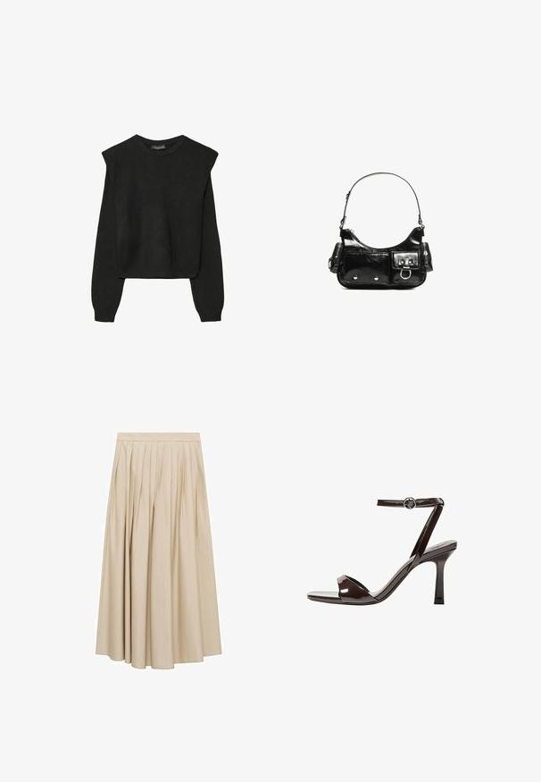 Črn dolgi pulover iz pletenine z oblazinjenimi rameni ter rebrastimi manšetami in robom, prikazan na beli podlagi.; Nabrano midi krilo iz bež tkanine z gladko teksturo in širokim robom. Preprosta elastika v pasu z navpičnimi nabranki, ki zagotavljajo volumen.; Rjave visokosprti sandali iz pateniranega usnja z zaponko okoli gležnja, odprto konico in eleganten, minimalističen dizajn. Imajo kvadratno peto.; Črna lakasta usnjena torbica s ukrivljeno obliko, enim ramenskim trakom, sprednjimi žepi in srebrnimi kovinskimi dodatki.