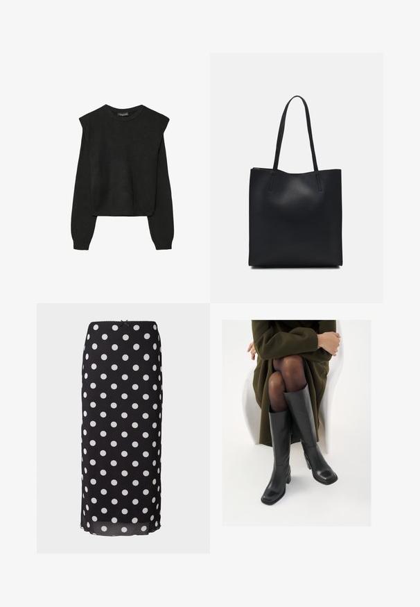 Černý pletený svetr s dlouhými rukávy, vycpanými ramenními částmi a ribbovanými manžetami a lemem, zobrazený na bílém pozadí.; Černá midi sukně s puntíky vyrobená z lehkého materiálu s bílými kruhovými vzory, vybavená přiléhavým pasem a nenápadným vlnkovým lemem.; Černé kožené boty po kolena s hranatou špičkou a blokovým podpatkem, předvedené na modelce sedící v olivově zeleném kabátu. Hladký povrch, minimalizované detaily.; Černá kožená taška přes rameno s hladkým povrchem, obdélníkovým tvarem a dvěma dlouhými uchy. Žádné viditelné kování ani ozdoby.